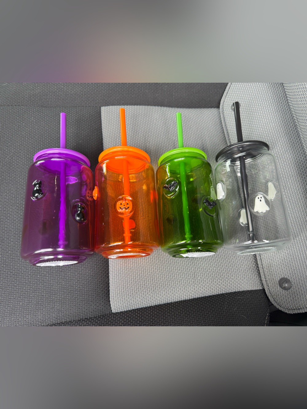 Halloween glass 4 Mason Jar Tumblers w/Straw - Purple, Orange, Green, Clear